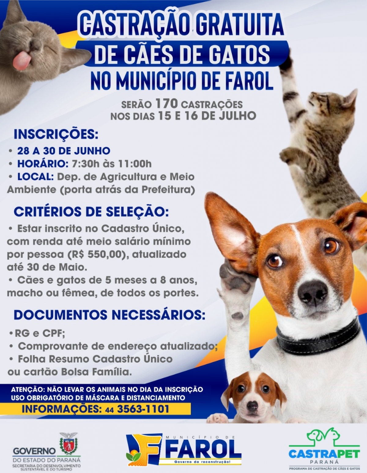 CASTRAÇÃO GRATUITA DE CÃES E GATOS NO MUNICÍPIO DE FAROL