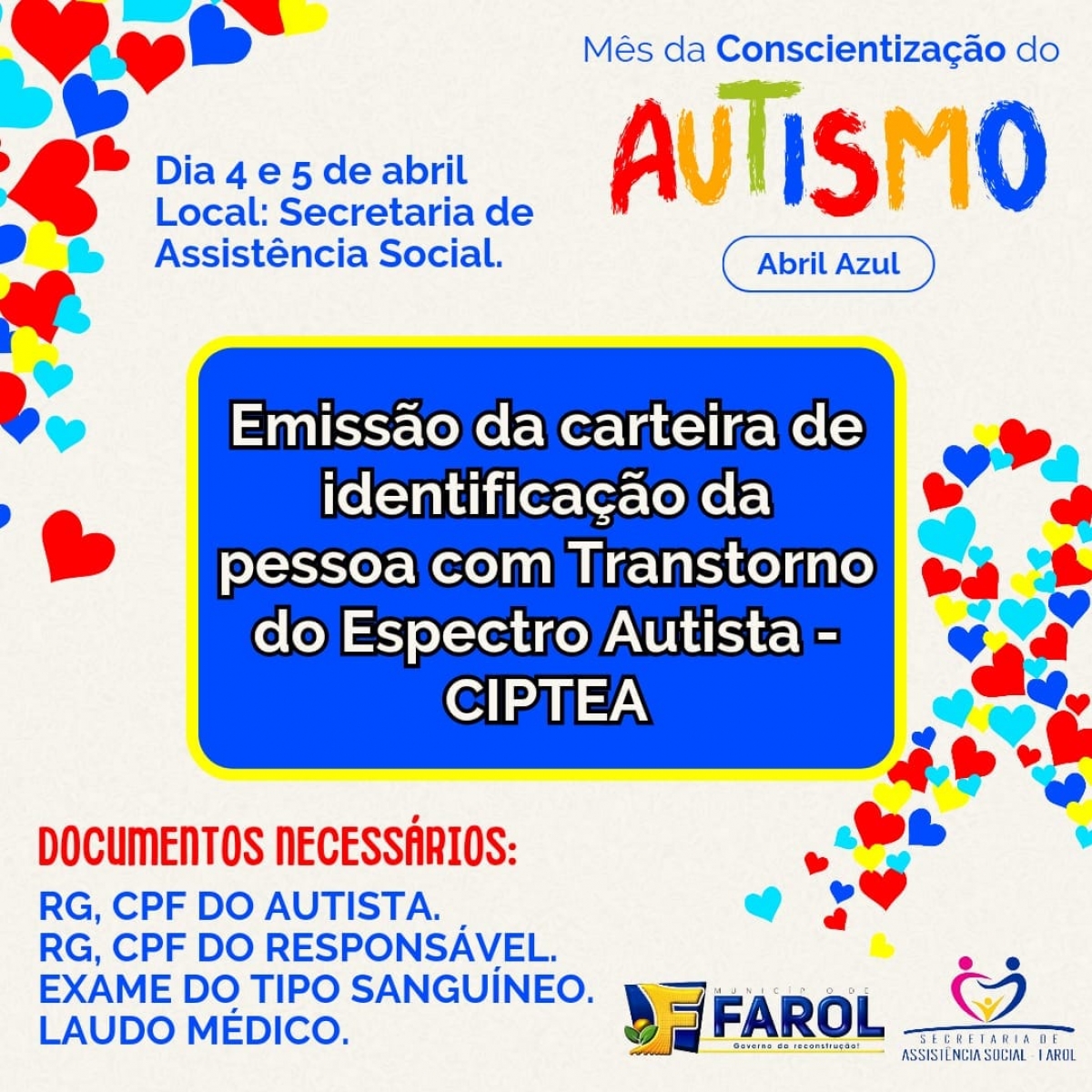 Abril Azul: Farol realiza cadastramento para emissão de carteira  de identificação de crianças Autistas nesta 5ª e 6ª feiras